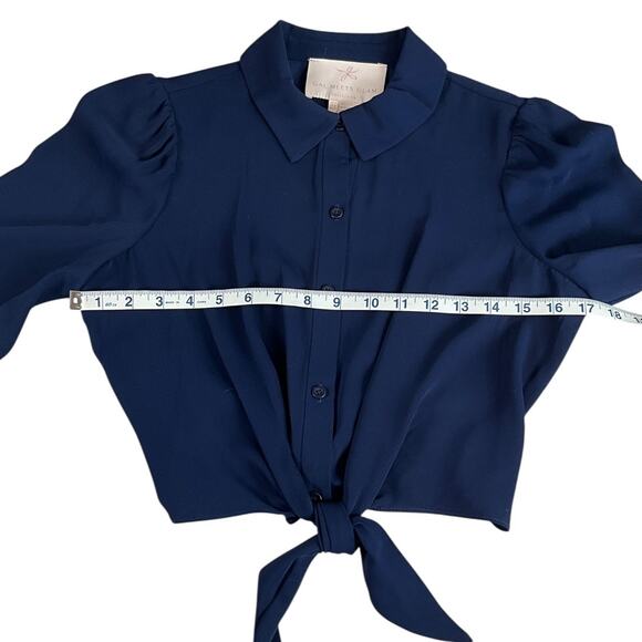 Gal Meets Glam Royal Blue Tie-Front Blouse Size 4 | Button Down Long Sleeve - Picture 5 of 9